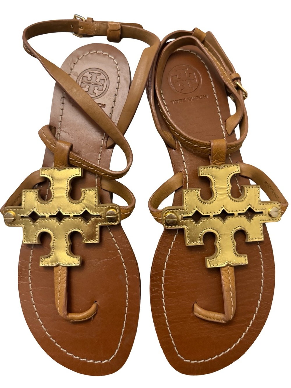 Tory Burch Phoebe Flat Leather Thong Sandal Gold Sz 7